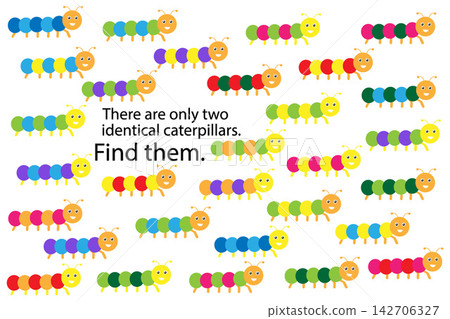 Find two identical caterpillars, spring fun education puzzle game for children, preschool worksheet activity for kids, task for the development of logical thinking and mind, vector illustration 142706327