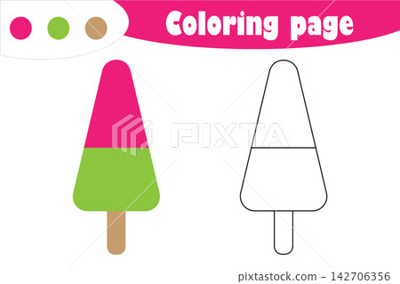 Ice cream in cartoon style, coloring page, spring education paper game for the development of children, kids preschool activity, printable worksheet, vector illustration 142706356