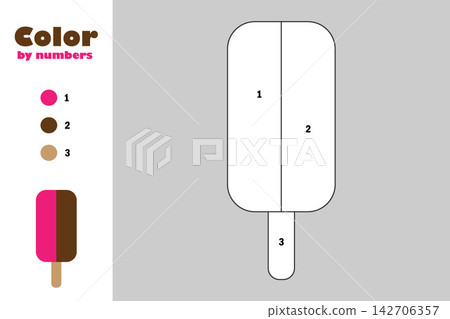 Ice cream in cartoon style, color by number, education paper game for the development of children, coloring page, kids preschool activity, printable worksheet, vector illustration Ice cream in cartoon style, color by number, education paper game for the development of children, coloring page, kids preschool activity, printable worksheet, vector illustration 142706357