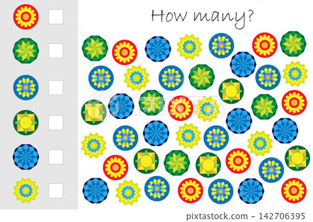 How many counting game with colorful mandalas for kids, educational maths task for the development of logical thinking, preschool worksheet activity, count and write the result, vector illustration 142706395