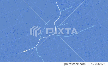 Vehicle icon follows a highlighted route through a blue street map with endpoint circles Vehicle icon follows a highlighted route through a blue street map with endpoint circles 142706476