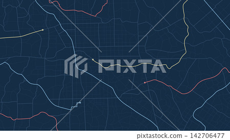 Colorful routes trace winding paths with endpoint circles across dark navy urban street grid Colorful routes trace winding paths with endpoint circles across dark navy urban street grid 142706477