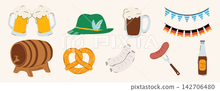 Oktoberfest beer festival elements set with beer mugs pretzels and traditional hat Oktoberfest beer festival elements set with beer mugs pretzels and traditional hat 142706480