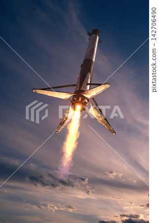 Falcon reusable rocket booster performing a powered vertical landing through the atmosphere, with bright engine flames and dramatic clouds. 3D illustration. Falcon reusable rocket booster performing a powered vertical landing through the atmosphere, with bright engine flames and dramatic clouds. 3D illustration. 142706490