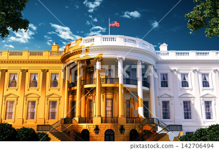 Conceptual 3D illustration: The White House partially transformed into gold, symbolizing the US President's well-known passion for gold, wealth, luxury, power, and political ambition. Conceptual 3D illustration: The White House partially transformed into gold, symbolizing the US President's well-known passion for gold, wealth, luxury, power, and political ambition. 142706494