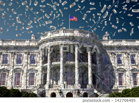 Conceptual 3D illustration of the White House covered with hundred dollar bills as banknotes rain from the sky, symbolizing wealth, government spending, political power and financial influence. Conceptual 3D illustration of the White House covered with hundred dollar bills as banknotes rain from the sky, symbolizing wealth, government spending, political power and financial influence. 142706495