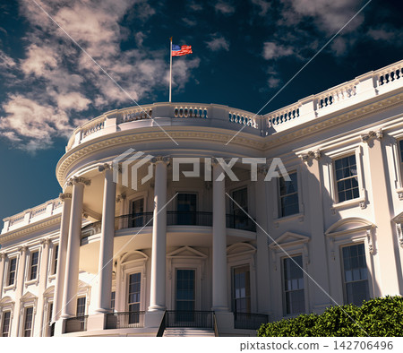 3D illustration of the White House in Washington, D.C., with its iconic neoclassical facade, columns and American flag under dramatic clouds, representing US government and politics. 3D illustration of the White House in Washington, D.C., with its iconic neoclassical facade, columns and American flag under dramatic clouds, representing US government and politics. 142706496