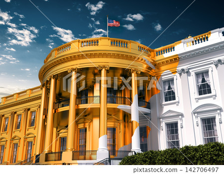 The White House partially transformed into gold, symbolizing the US President's well-known passion for gold, wealth, luxury, power, and political ambition. Conceptual 3D illustration. The White House partially transformed into gold, symbolizing the US President's well-known passion for gold, wealth, luxury, power, and political ambition. Conceptual 3D illustration. 142706497