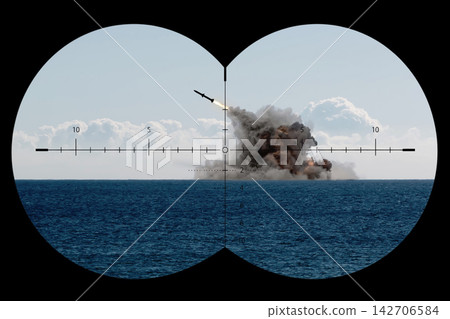 Binocular view of missile launch and offshore explosion at sea Binocular view of missile launch and offshore explosion at sea 142706584