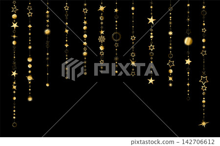 Gold falling stars. Golden rain. Christmas glitter garland. 142706612