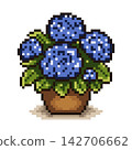Pixel art potted hydrangea with blue blossoms and green leaves in terracotta pot, isolated 142706662
