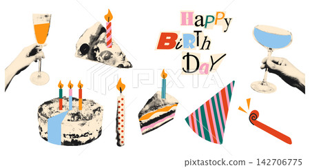 Happy birthday collage elements set. Halftone cake, party hat, drinks, candles cut out from magazine. Vintage dotted vector illustration with doodles. Celebration, fun party and greeting concept Happy birthday collage elements set. Halftone cake, party hat, drinks, candles cut out from magazine. Vintage dotted vector illustration with doodles. Celebration, fun party and greeting concept 142706775