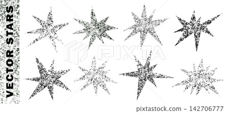 Irregular stars cut out of silver glitter shimmering paper. Shiny bright and sparkle star shapes set, party stickers for fun collage and festive scrapbook. Vector isolated on transparent background Irregular stars cut out of silver glitter shimmering paper. Shiny bright and sparkle star shapes set, party stickers for fun collage and festive scrapbook. Vector isolated on transparent background 142706777