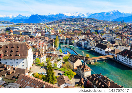 View of the Reuss river and old town of Lucerne (Luzern) city, Switzerland. View from above View of the Reuss river and old town of Lucerne (Luzern) city, Switzerland. View from above 142707047