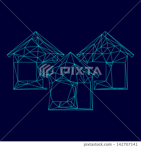 Three house low poly triangulation triangulated polygonal electric cyan blue vibrant aqua neon color vector illustration image outline contour line 142707141