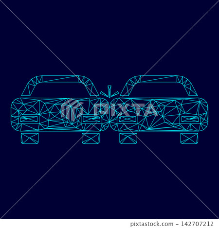 Crashed cars low poly triangulation triangulated polygonal electric cyan blue vibrant aqua neon color vector illustration image outline contour line 142707212