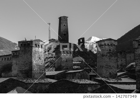 Black and White View of Medieval Svan Towers in Ushguli Village Georgia Europe Black and White View of Medieval Svan Towers in Ushguli Village Georgia Europe 142707349