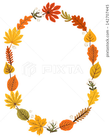 Autumn oval wreath with maple leaves and white berry branches circles open copy space center. Oak foliage fills gaps between leaves. Warm orange and yellow tones fit cards, posters and social posts Autumn oval wreath with maple leaves and white berry branches circles open copy space center. Oak foliage fills gaps between leaves. Warm orange and yellow tones fit cards, posters and social posts 142707445
