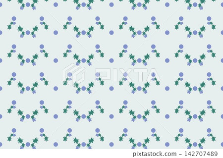 Seamless teal pattern of wavy palmate leaves and star flowers Seamless teal pattern of wavy palmate leaves and star flowers 142707489