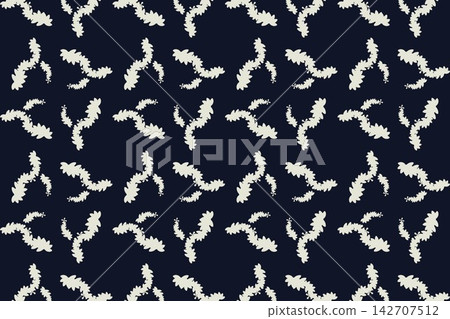 Modern botanical seamless tile, oval palmate leaves and star flowers in midnight blue 142707512
