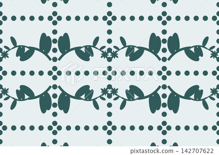 Minimal botanical pattern, round leaves and roses on teal 142707622