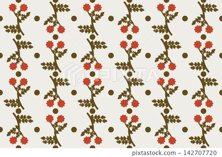 Hand drawn triangular fern leaves and roses seamless repeat pattern in orange Hand drawn triangular fern leaves and roses seamless repeat pattern in orange 142707720