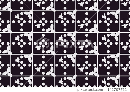 Botanical repeat pattern with leaves and daisies, purple tones Botanical repeat pattern with leaves and daisies, purple tones 142707731