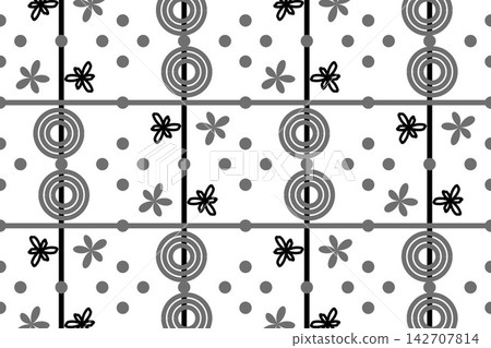 Modern botanical seamless tile, leaves and daisies in black and white Modern botanical seamless tile, leaves and daisies in black and white 142707814