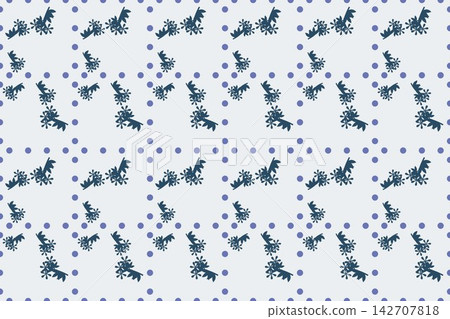 Botanical repeat pattern with slender clover leaves and star flowers, blue tones Botanical repeat pattern with slender clover leaves and star flowers, blue tones 142707818