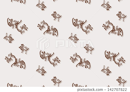 Seamless botanical pattern with lobed fern fronds and tulips in red Seamless botanical pattern with lobed fern fronds and tulips in red 142707822