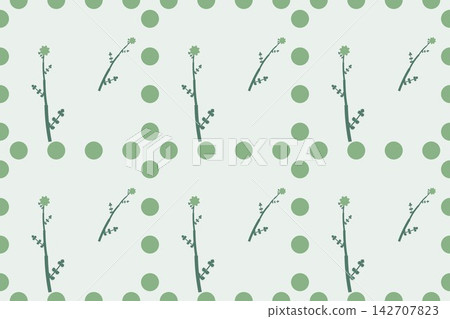 Botanical repeat pattern with lobed fern leaves and roses, soft green tones 142707823