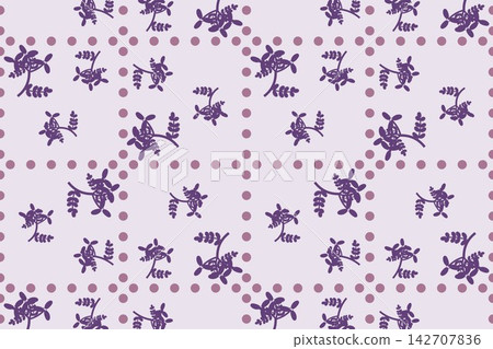 Hand drawn toothed fern leaves and star flowers seamless repeat pattern in violet Hand drawn toothed fern leaves and star flowers seamless repeat pattern in violet 142707836