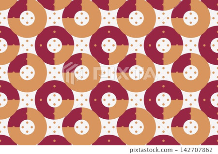 Modern geometric seamless tile, staggered arches and circles in red 142707862