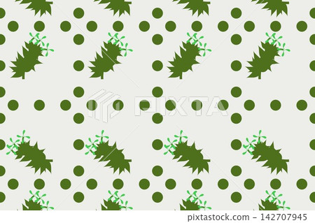 Hand drawn pointed palmate leaves and star flowers seamless repeat pattern in green 142707945
