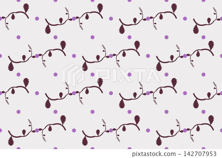 Hand drawn scalloped leaves and lavender seamless repeat pattern in red Hand drawn scalloped leaves and lavender seamless repeat pattern in red 142707953