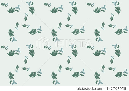 Serrated fern fronds and daisies seamless background in celadon Serrated fern fronds and daisies seamless background in celadon 142707956