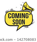 Coming soon speech bubble element with retro megaphone and halftone texture 142708083