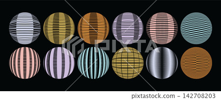 Retro colorful stripe line sphere ball abstract design set Retro colorful stripe line sphere ball abstract design set 142708203