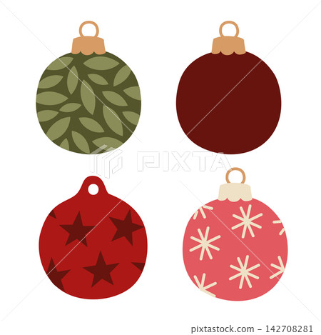 Hand-drawn Christmas tree ornaments set decorative illustrations with different patterns for winter seasonal decor or packaging 142708281