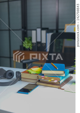 Cozy Productivity and Study Session Desktop in Bright Room, No People. Cozy Productivity and Study Session Desktop in Bright Room, No People. 142708643