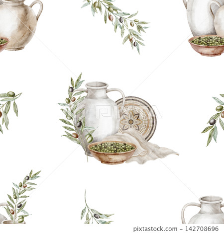 Olive pottery seamless Pattern with amphorae, mosaic plates, branches and fruit on isolated background. Watercolor Mediterranean repeat for stationery, wrappings, packaging and surface design. Olive pottery seamless Pattern with amphorae, mosaic plates, branches and fruit on isolated background. Watercolor Mediterranean repeat for stationery, wrappings, packaging and surface design. 142708696