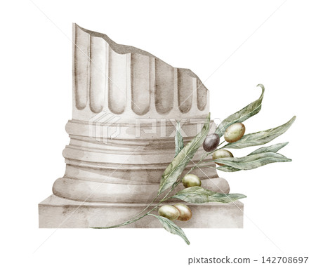 Ancient column base with olive branch watercolor illustration isolated on background. Classical stone architectural fragment decorated with Mediterranean foliage and fruits for historical roman design Ancient column base with olive branch watercolor illustration isolated on background. Classical stone architectural fragment decorated with Mediterranean foliage and fruits for historical roman design 142708697