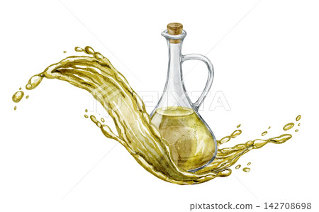 Olive oil bottle with flowing splash watercolor illustration isolated on background. Golden cooking oil composition with dynamic liquid motion for Mediterranean food designs or recipe book. Olive oil bottle with flowing splash watercolor illustration isolated on background. Golden cooking oil composition with dynamic liquid motion for Mediterranean food designs or recipe book. 142708698