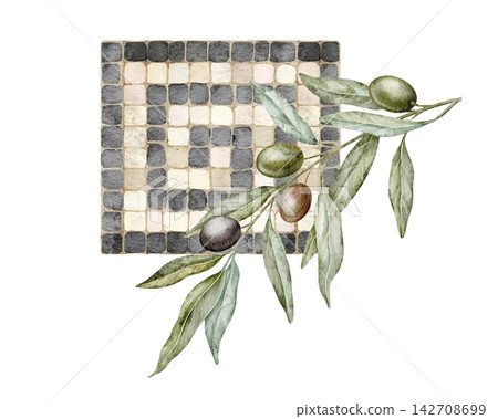 Olive branch with geometric mosaic watercolor illustration isolated on background. Mediterranean botanical composition with stone tesserae and classical decorative tile. Art of fruits and leaves. Olive branch with geometric mosaic watercolor illustration isolated on background. Mediterranean botanical composition with stone tesserae and classical decorative tile. Art of fruits and leaves. 142708699