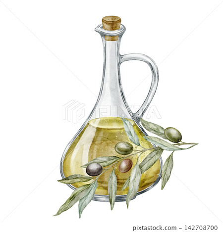 Olive oil cruet with olive branches watercolor illustration isolated on background. Mediterranean glass bottle with golden oil, green olives and botanical foliage. Art for cookery book or recipe. Olive oil cruet with olive branches watercolor illustration isolated on background. Mediterranean glass bottle with golden oil, green olives and botanical foliage. Art for cookery book or recipe. 142708700