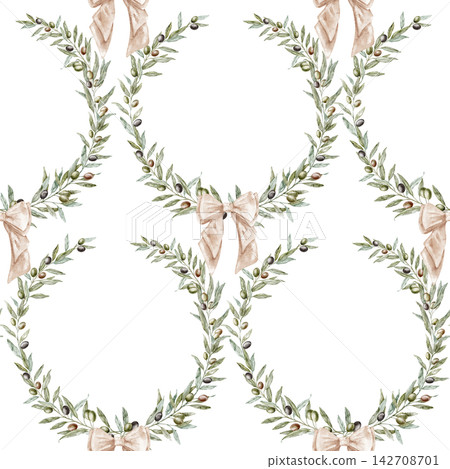 Olive foliage seamless pattern with wreathes and bows. Watercolor botanical backdrop with branches and leaves and beige ribbons on isolated background. Repeat for fabric, wallpaper and wrappings. Olive foliage seamless pattern with wreathes and bows. Watercolor botanical backdrop with branches and leaves and beige ribbons on isolated background. Repeat for fabric, wallpaper and wrappings. 142708701