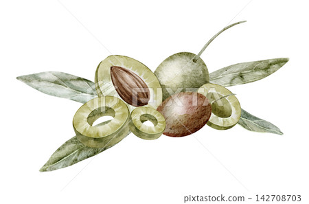 Olive fruit and leaves watercolor composition isolated on background. Mediterranean botanical clipart with whole and cut olives arranged with elegant green foliage. Art for cooking book or menu design Olive fruit and leaves watercolor composition isolated on background. Mediterranean botanical clipart with whole and cut olives arranged with elegant green foliage. Art for cooking book or menu design 142708703