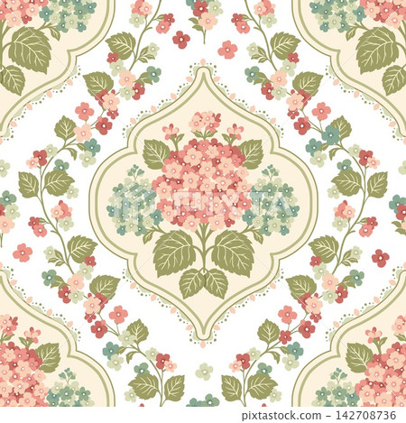 Vintage Hydrangea Floral Seamless Pattern Featuring Elegant Ornamental Medallions Botanical Foliage Vintage Hydrangea Floral Seamless Pattern Featuring Elegant Ornamental Medallions Botanical Foliage 142708736