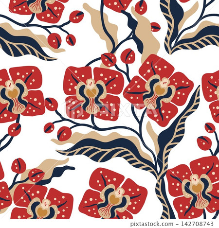 Decorative Orchid Floral Seamless Pattern Featuring Bold Stylized Blossoms And Gracefully Flowing Botanical Decorative Orchid Floral Seamless Pattern Featuring Bold Stylized Blossoms And Gracefully Flowing Botanical 142708743