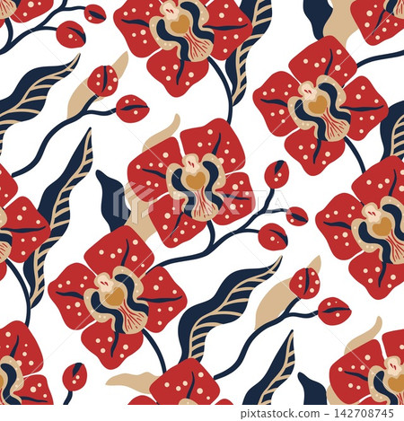 Decorative Orchid Floral Seamless Pattern Featuring Bold Stylized Blossoms And Gracefully Flowing Botanical Decorative Orchid Floral Seamless Pattern Featuring Bold Stylized Blossoms And Gracefully Flowing Botanical 142708745